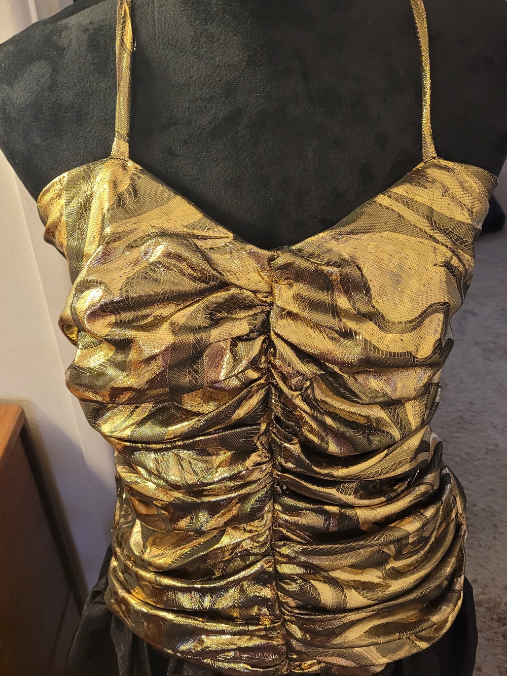 Hand Crafted Metallic Gold Ruched Bodice with Black Ruffle Mini - Picture 2 of 5